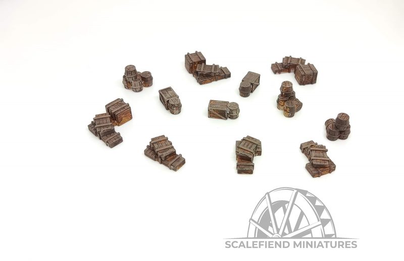 1/144 12mm Stacked wooden crates and barrels scenery stowage set